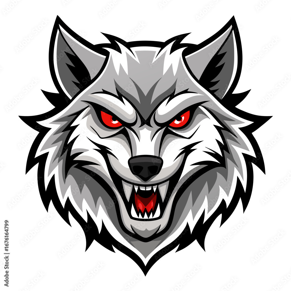 Fototapeta premium White and Gray Fierce Wolf Head with Intense Red Eyes and Sharp Fur Details