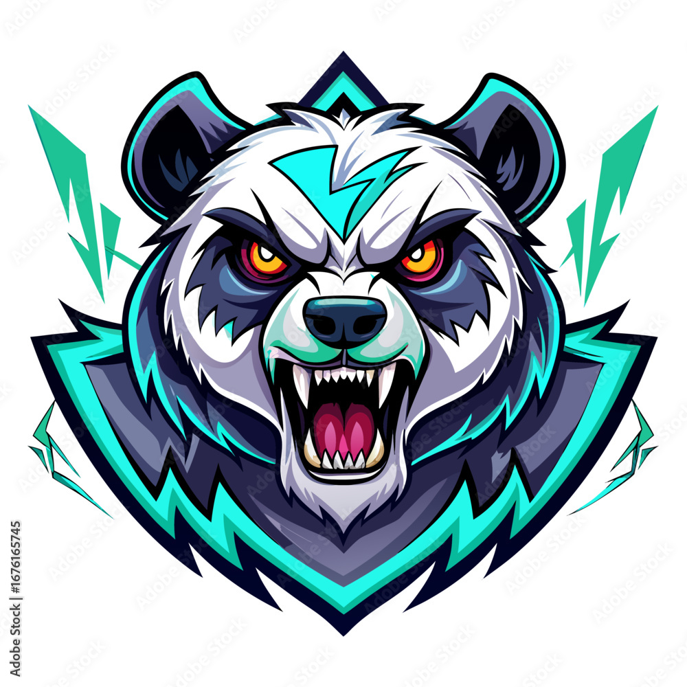 Obraz premium Radioactive Panda Logo with Exaggerated Snarl, Neon Green Hues, and Background Slashes