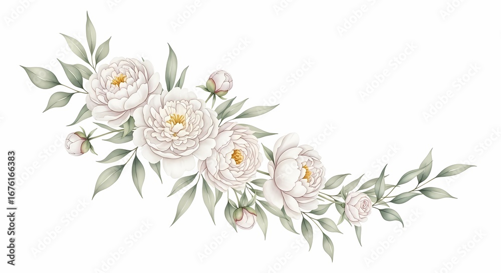 Naklejka premium Elegant watercolor peony garland, perfect for wedding invitations and sophisticated design projects, adding a touch of delicate beauty and floral charm
