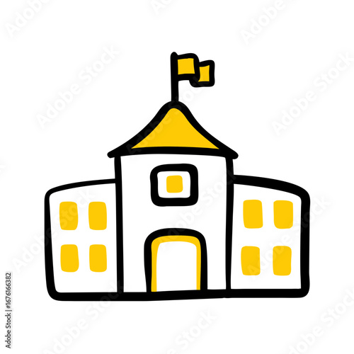 Hand-drawn illustration of a colorful castle with a flag  