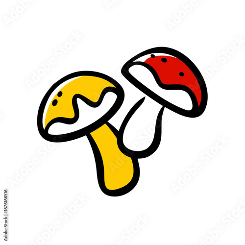 Colorful cartoon mushrooms with yellow and red caps on white background  