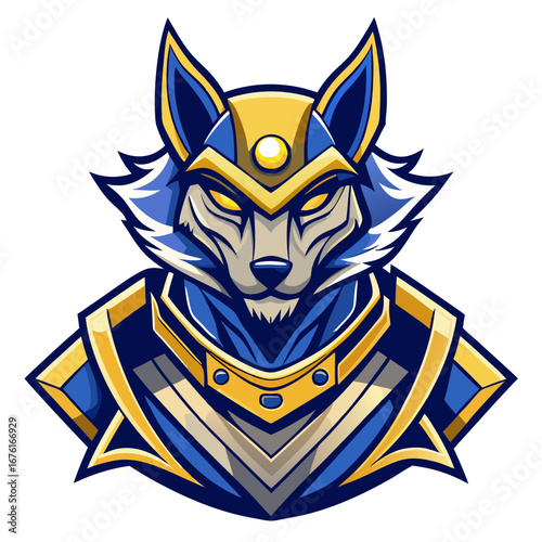 Cybernetic Wolf or Jackal Mascot in Blue and Gold with Angular Armor Lines