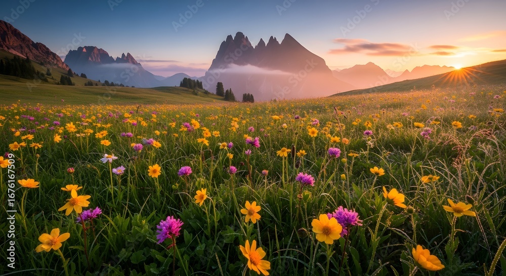 Fototapeta premium Vibrant flower field with mountains in the background during a scenic sunrise