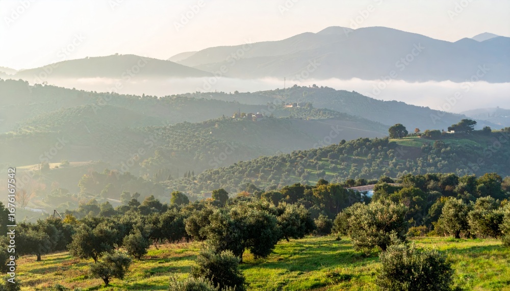 Naklejka premium Serene Olive Grove Landscape with Rolling Hills and Foggy Mountains