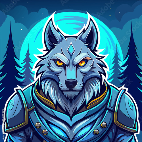Proud Wolf Mascot with Armored Fur, Neon Eye Glow, and Forest Moon Backdrop for Esports Badge Vector Art