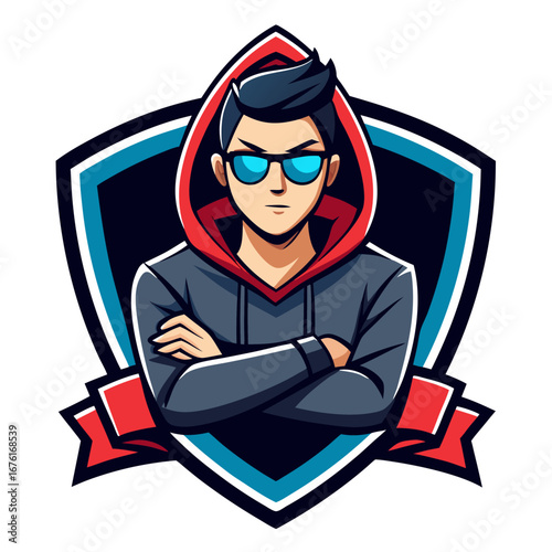 Confident Gamer in Hoodie and Sunglasses Crest