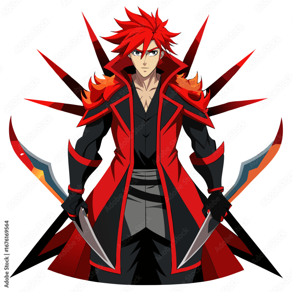 Ταπετσαρία Anime Red-Haired Antihero – Twin Blades and Long Coat in High-Contrast Design