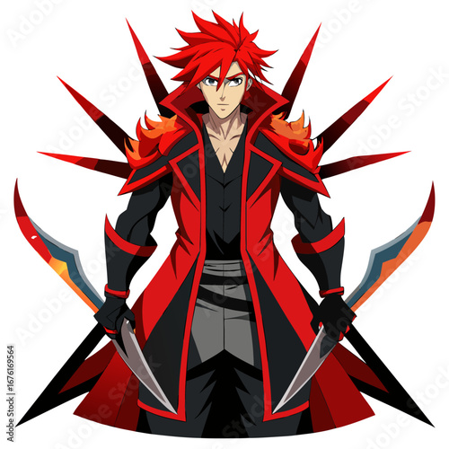 Fotografie Anime Red-Haired Antihero – Twin Blades and Long Coat in High-Contrast Design