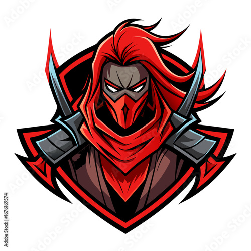 Mysterious Red-Clad Vigilante – Flowing Hair and Weapons in Dark Esports Emblem