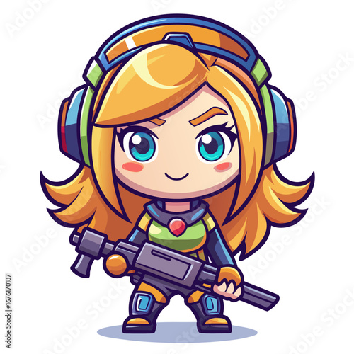 Cartoon Gamer Girl Mascot with Weapon