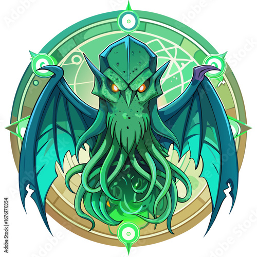 Green Cthulhu Creature with Wings and Arcane Runes in Glowing Frame