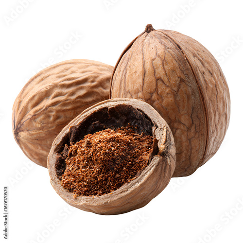 Ground nutmeg in a cracked nutmeg shell with whole nutmegs
