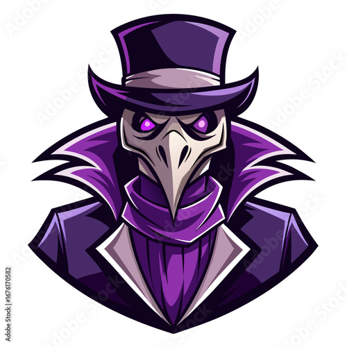 Purple-and-White Plague Doctor Mascot with Top Hat, Mask, and Glowing Eyes