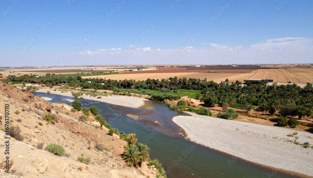 Fototapeta premium Serene River Valley Landscape with Lush Greenery and Fields