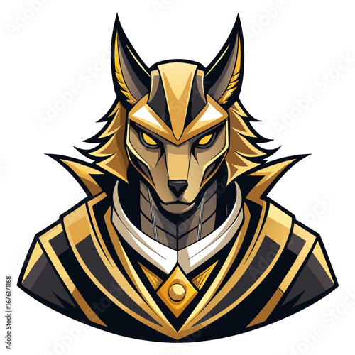 Mythic Gold-Black Jackal Warrior Emblem with Ornate Headpiece and Sharp Symmetry