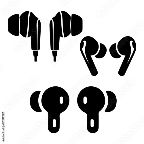 Wireless Earbuds Icons Set – Three Black Vector Styles