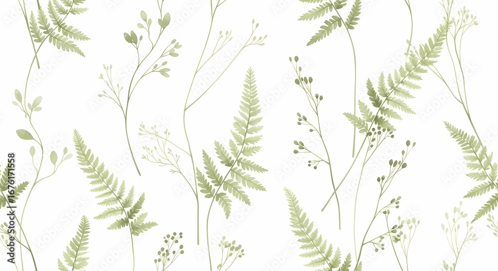 Naklejka premium Elegant botanical fern fronds in muted green, perfect for serene designs, invitations, or adding a touch of organic beauty to branding