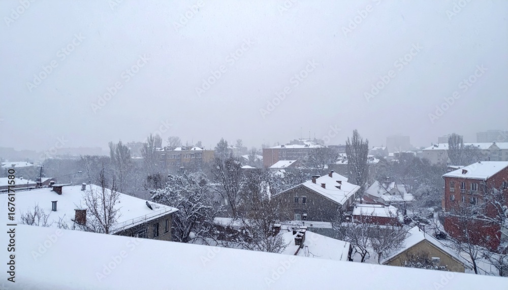 Obraz premium Serene Winter Cityscape with Snow-Covered Rooftops and Trees