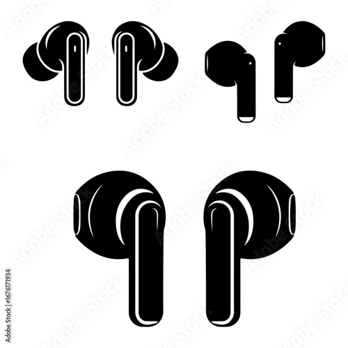 Minimal Wireless Earbuds Icons Set – Black Vector Collection