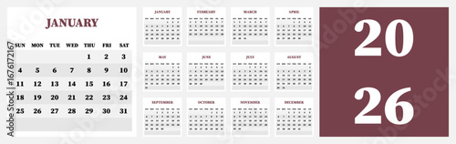 Vector illustration. Calendar for 2026. Week starts on Sunday. Calendar ready for printing. Has 12 months. Stationery design concept.