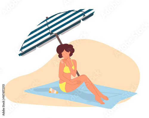 A woman in a bikini is applying sunscreen under a beach umbrella