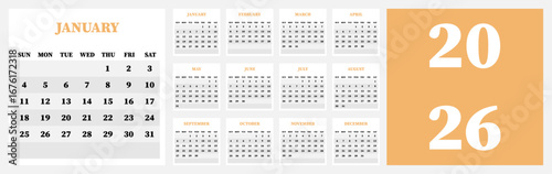 Vector illustration. Calendar for 2026. Week starts on Sunday. Calendar ready for printing. Has 12 months. Stationery design concept.