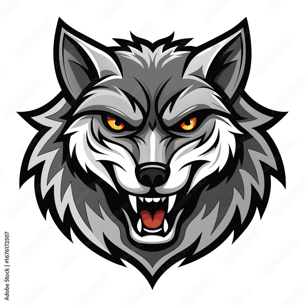 Fototapeta premium Grayscale Snarling Wolf Logo with Aggressive Shadows