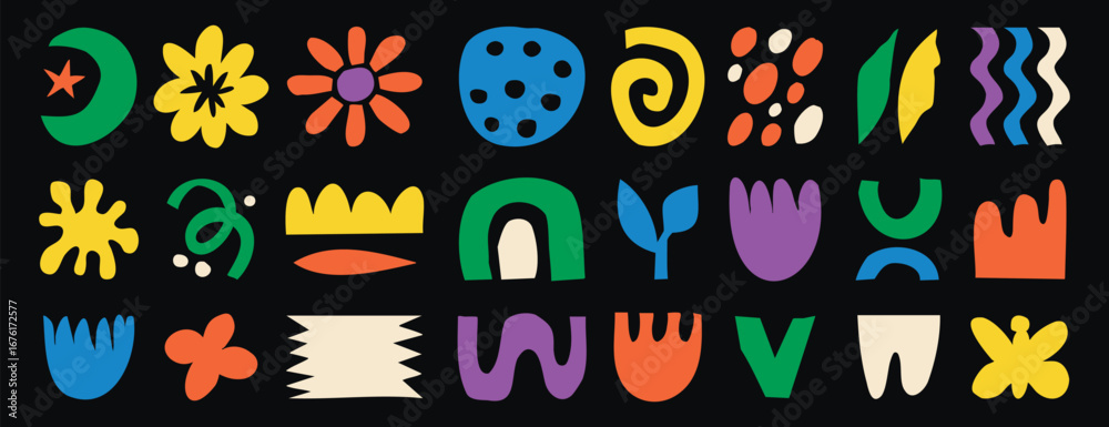 Fototapeta premium Abstract doodle elements with spirals, plants and wavy lines in naive style. Hand drawn.