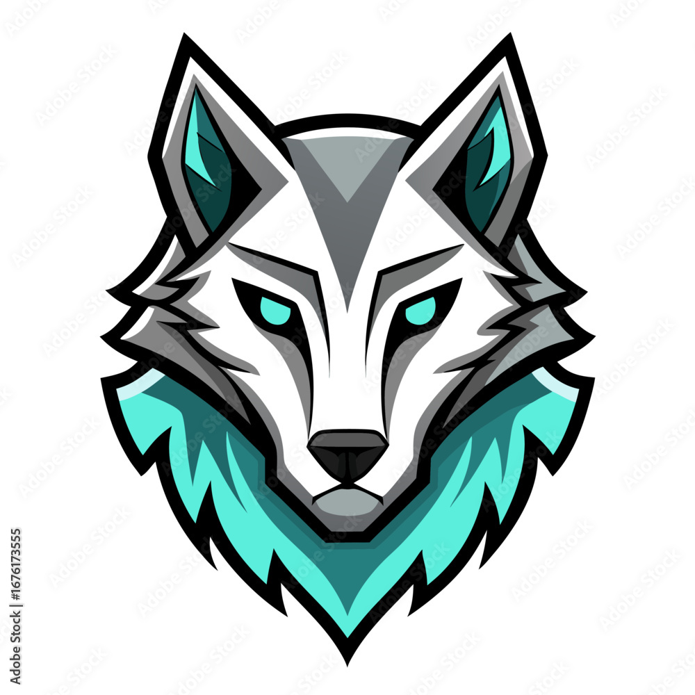 Fototapeta premium Minimal Silver Wolf Face with Cyan Highlights in Futuristic Style