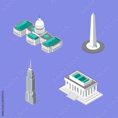Set Iconic American Landmarks Isometric Illustrations