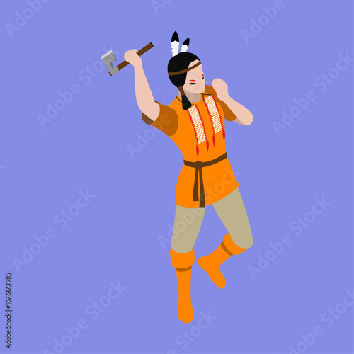 Native American Throwing a Tomahawk Illustration with Headband