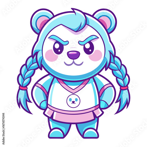 Playful Pigtail Bear Mascot with Confident Smirk in Soft Pastel Vector Shapes