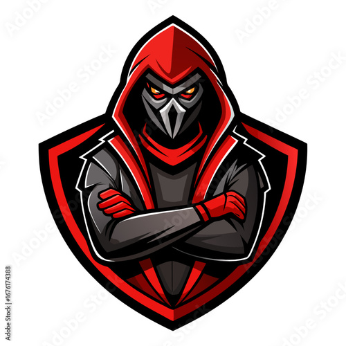 Dark Cyber-Hacker Emblem in Red Hood with Arms Crossed in Digital Crest Design