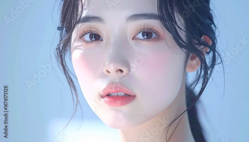 日本人, 超リアル, 若い美しい女性, 顔アップ, 滑らかな肌, ツヤのある肌質, ナチュラルメイク, 柔らかな光, 美容広告風, シネマティック, カメラ目線, 高画質, Japanese, ultra-realistic, young beautiful woman, face close-up, smooth skin, radiant complexion, natural makeup