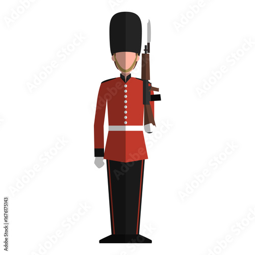 Stylized illustration of a ceremonial guard in a vibrant red uniform and bearskin hat, holding a firearm
