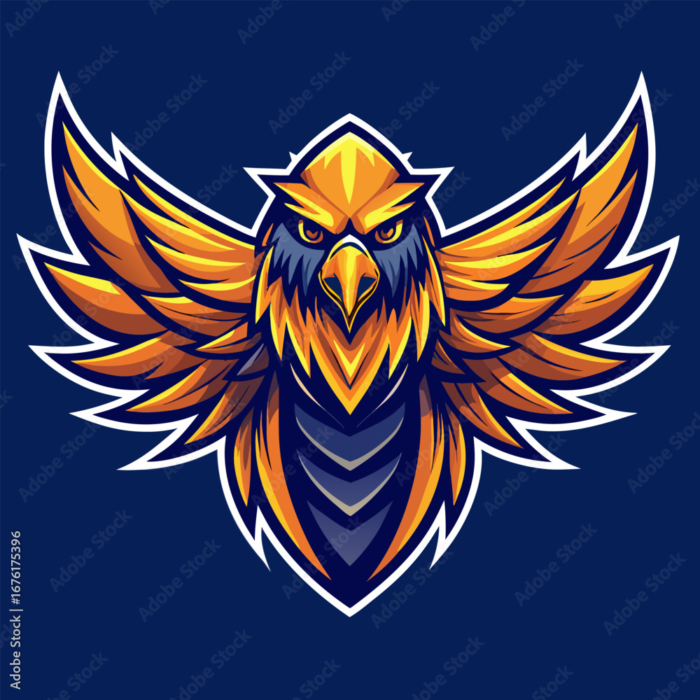 Obraz premium Golden Orange and Blue Eagle Mascot with Spread Wings in Premium Style