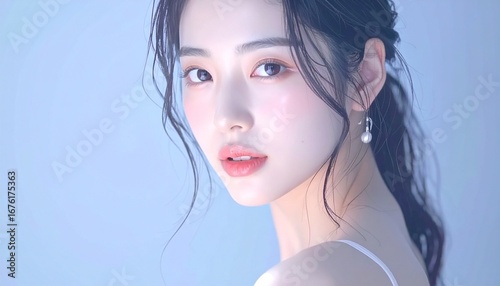 日本人, 超リアル, 若い美しい女性, 顔アップ, 滑らかな肌, ツヤのある肌質, ナチュラルメイク, 柔らかな光, 美容広告風, シネマティック, カメラ目線, 高画質, Japanese, ultra-realistic, young beautiful woman, face close-up, smooth skin, radiant complexion, natural makeup