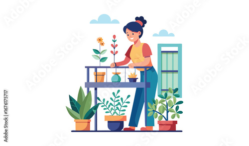 Woman tending to her indoor plants on a balcony with sunlight and clouds