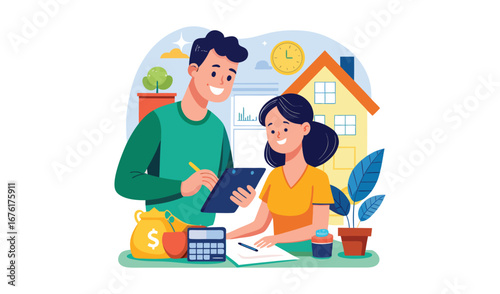 Couple planning finances together calculating budget for home and savings