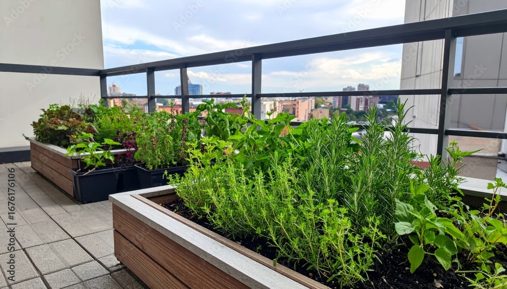 Fototapeta premium Urban Balcony Garden with Fresh Herbs and Vegetables in Planters