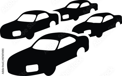 Black Silhouettes of Four Cars in a Row on a White Background automobiles vehicles
