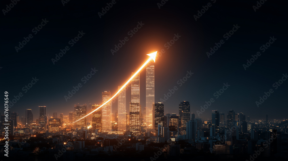 Fototapeta premium Illuminated arrow rising above skyscraper skyline at night symbolizing business growth, success, and financial progress 