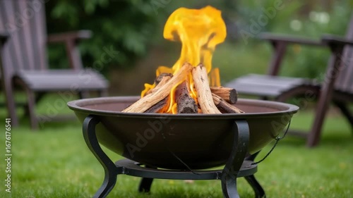 Metal fire bowl with burning wood in the yard and garden rack lounge chair. Safe decorative fire pit, Picnic area in the garden