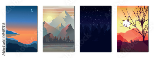 Set of 4 pcs landscapes of mountains and forests - Vector illustration