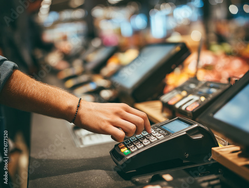 Customer using a payment terminal in a bustling grocery store during daytime