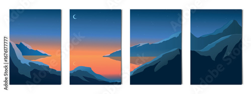 Set of 4 night scenery of mountains and lake - Vector illustration
