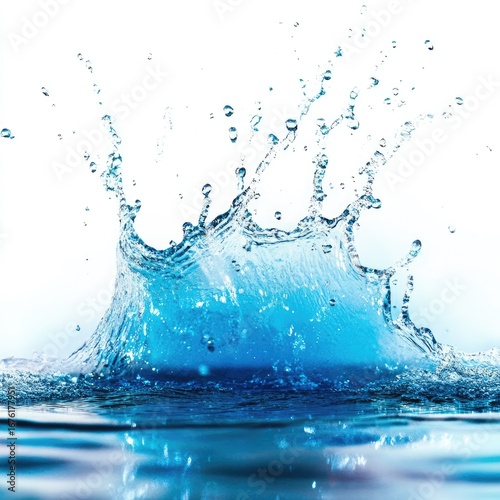A vibrant,  blue water splash against a white background.  The splash is  dynamic and  shows  water droplets and  flowing  forms