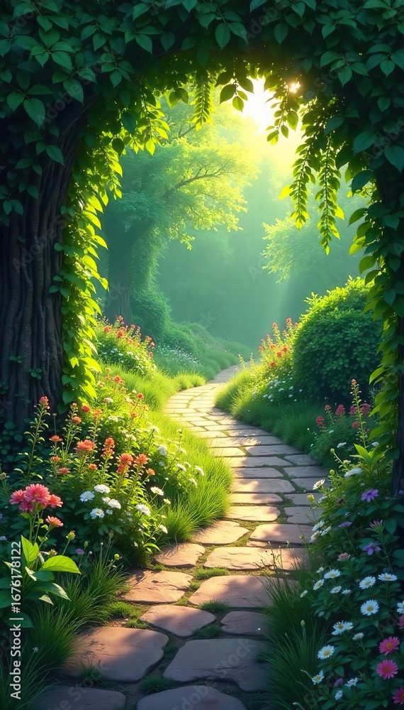 Obraz premium A winding, stone garden path meanders through lush greenery, leading towards a sun-dappled area Perfect for illustrating tranquility, nature, or escape , greenery, sunlight, summer