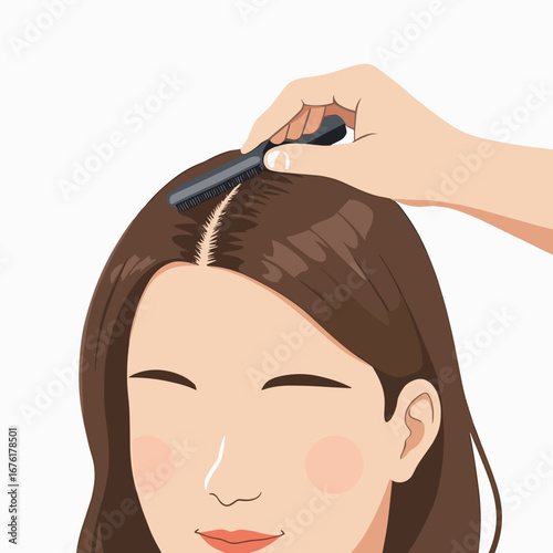 Hand combing woman's hair while styling on white background  