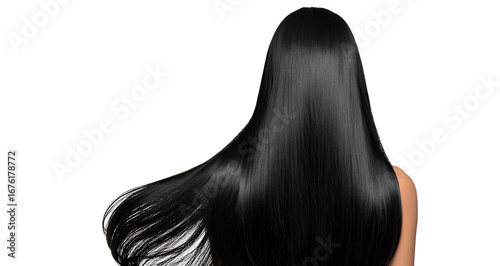 beautiful indian woman with long black hair, healthy straight hair isolated on transparent background